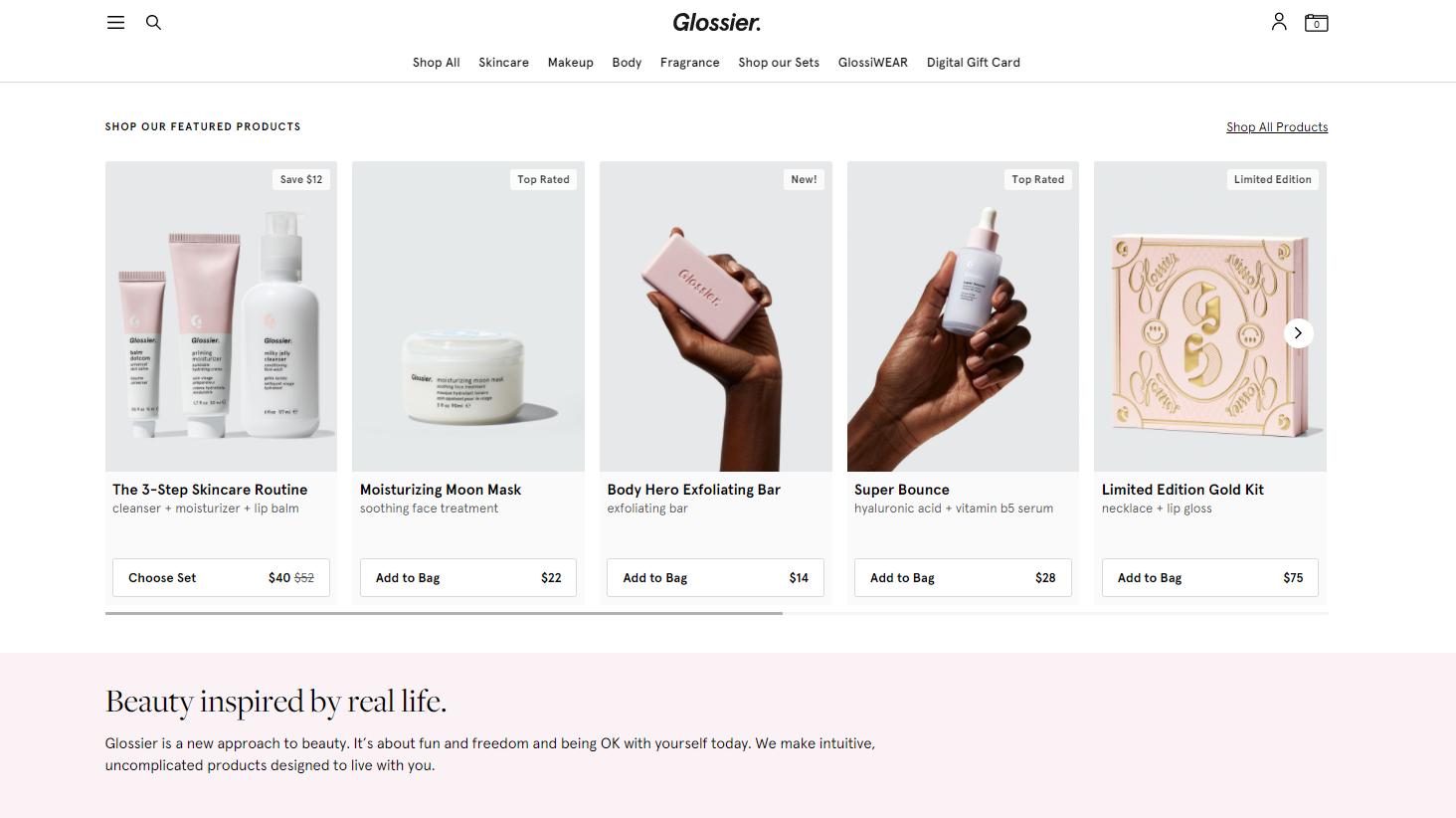 D2C glossier homepage